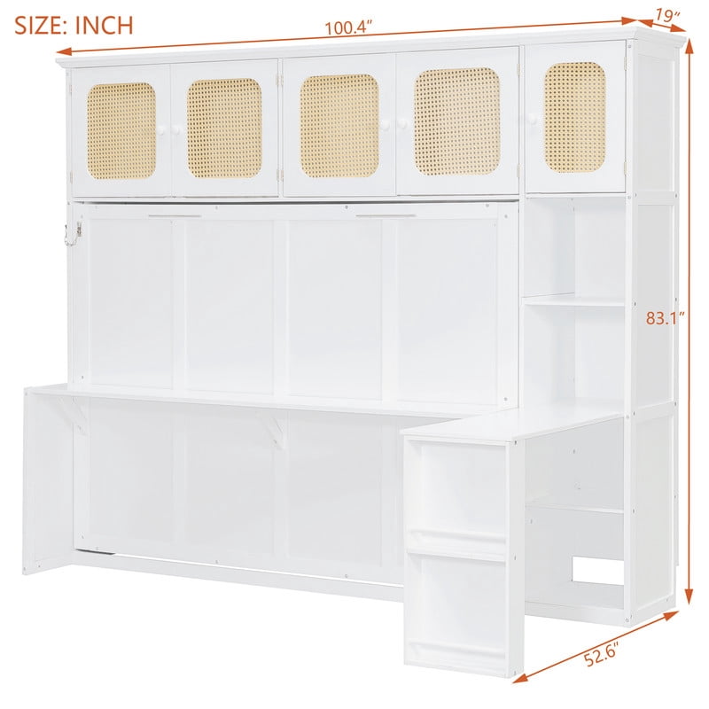 Full Size Murphy Bed with Desk and Open Shelf, Space-Saving Wall Folding Platform Bed Frame with Rattan-Door Cabinets