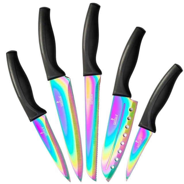 SiliSlick Juego de Cuchillos de Cocina de Acero Inoxidable con Mango Negro y Revestimiento de Titanio de 5 Piezas
