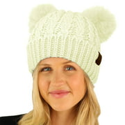 CC Winter Cute 2Pom Pom Ears 2tone Soft Warm Thick Chunky Knit Beanie Hat (Fur Solid Ivory)