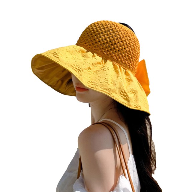 CSChome Sun Hat Ruffle Wide Brim Hat Knitting Empty Dome Bowknot Decor Embossing Process Women Patchwork Color Travel Bucket Hat Fashion