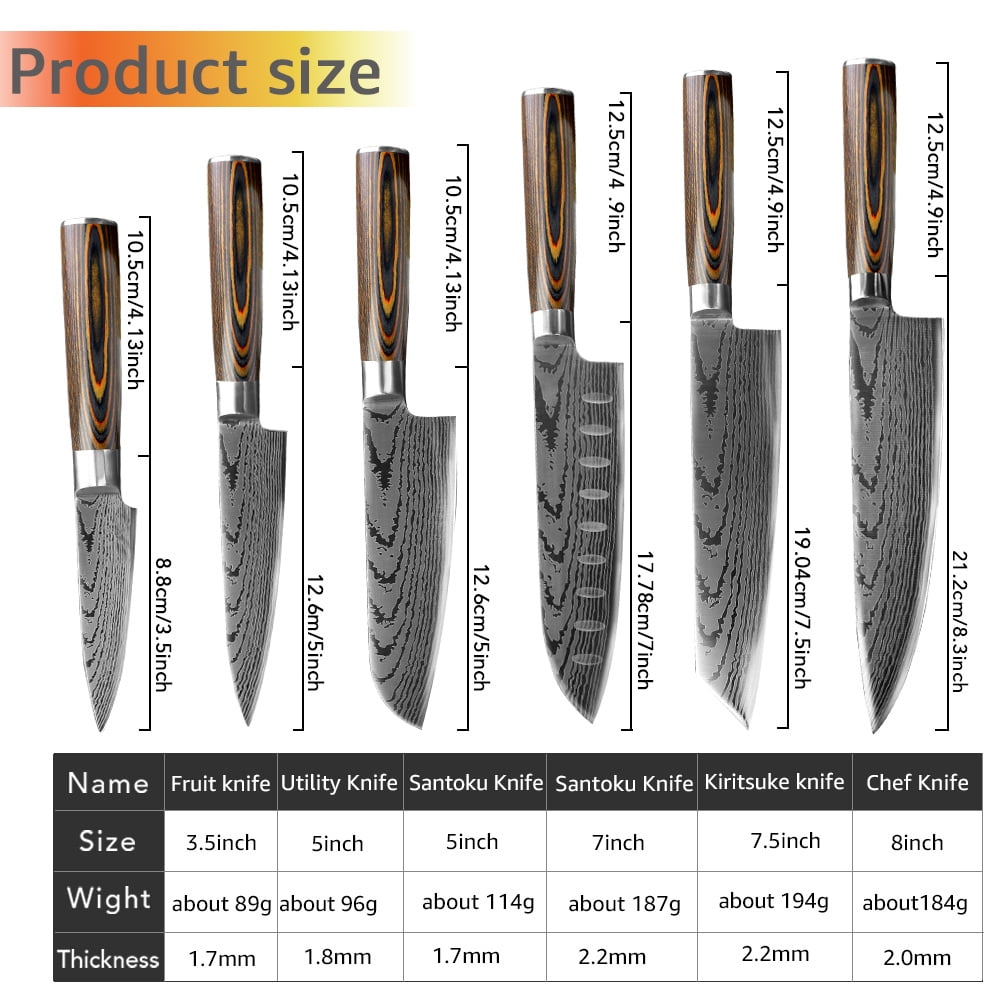 Kitchen Chef Knives Set of 6 Damascus Laser Blade Japanese Knife High Carbon Steel Slicing Cleaver Knife for Cooking Cutting Meat