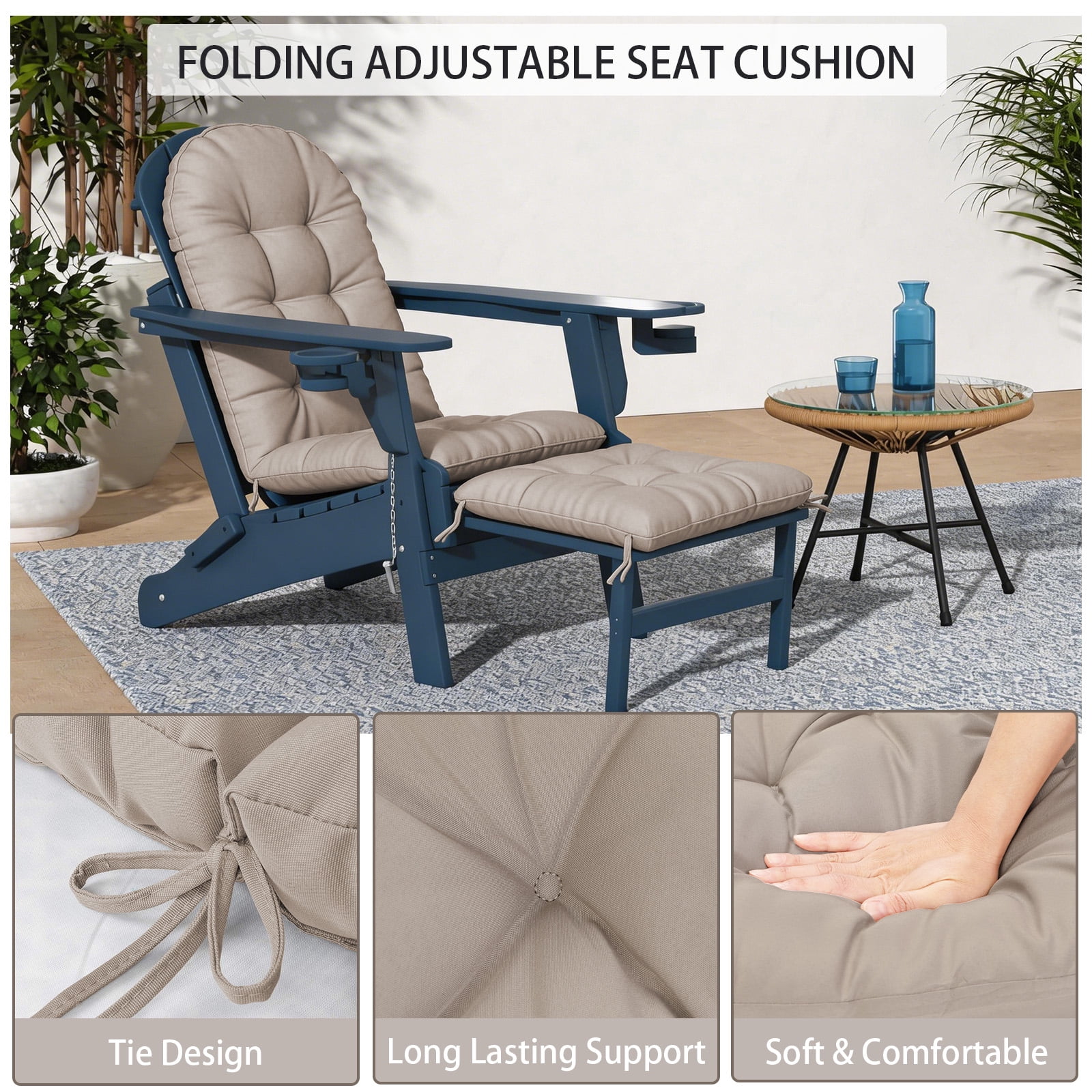 HONEY HOME Outdoor Adirondack Chair Cushions, 44x19x4 inch Waterproof Rocking Chair Cushion and 17x19 Ottoman Cushion for Patio, Garden