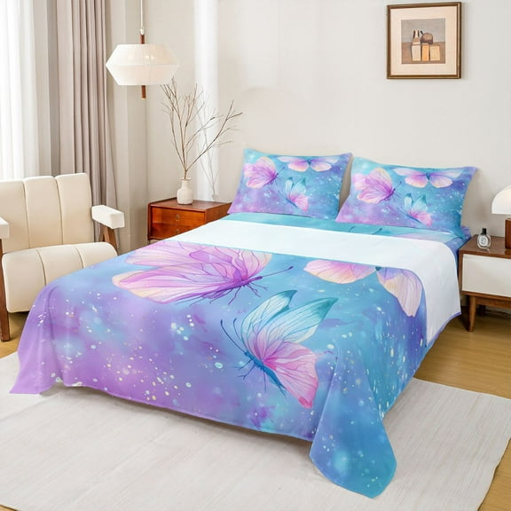 Homewish Gradient Flying Butterflies 3pcs Twin Sheet Sets for Teens Children Girls,Abstract Ombre Twin Fitted Sheet,Dreamy Princess Breathable Flat Sheet,Ultra Soft Home Decor