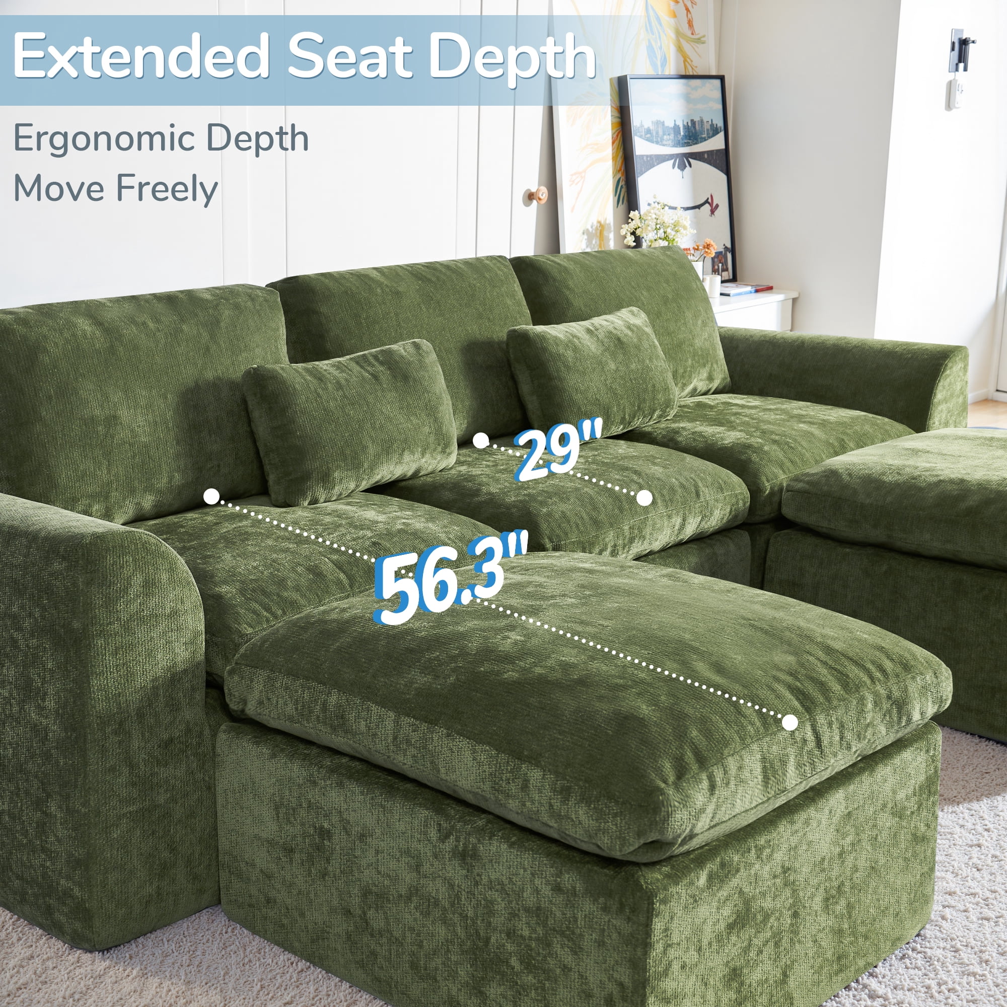 YINIX 120" Modular Sectional Sofa with Movable Ottomans, U-Shaped Couch for Living Room, No Assembly Required, Green