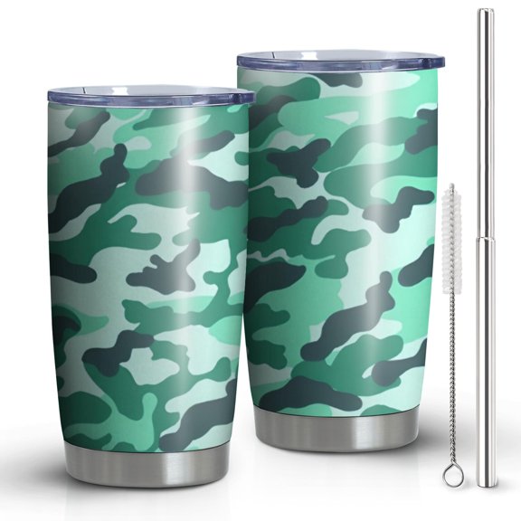 20oz Tumblers Green Teal Camo Classic Shapes Pattern Stainless Steel Vacuum Insulated Double Wall Travel Tumbler Cups Mug with Lid and Straw,Cleaning Brush for Cold & Hot Drinks