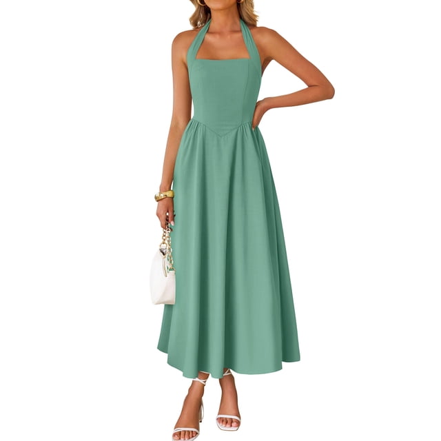 Vestido de verano ZESICA, sin mangas, halter, midi, playa, salvia, para mujer