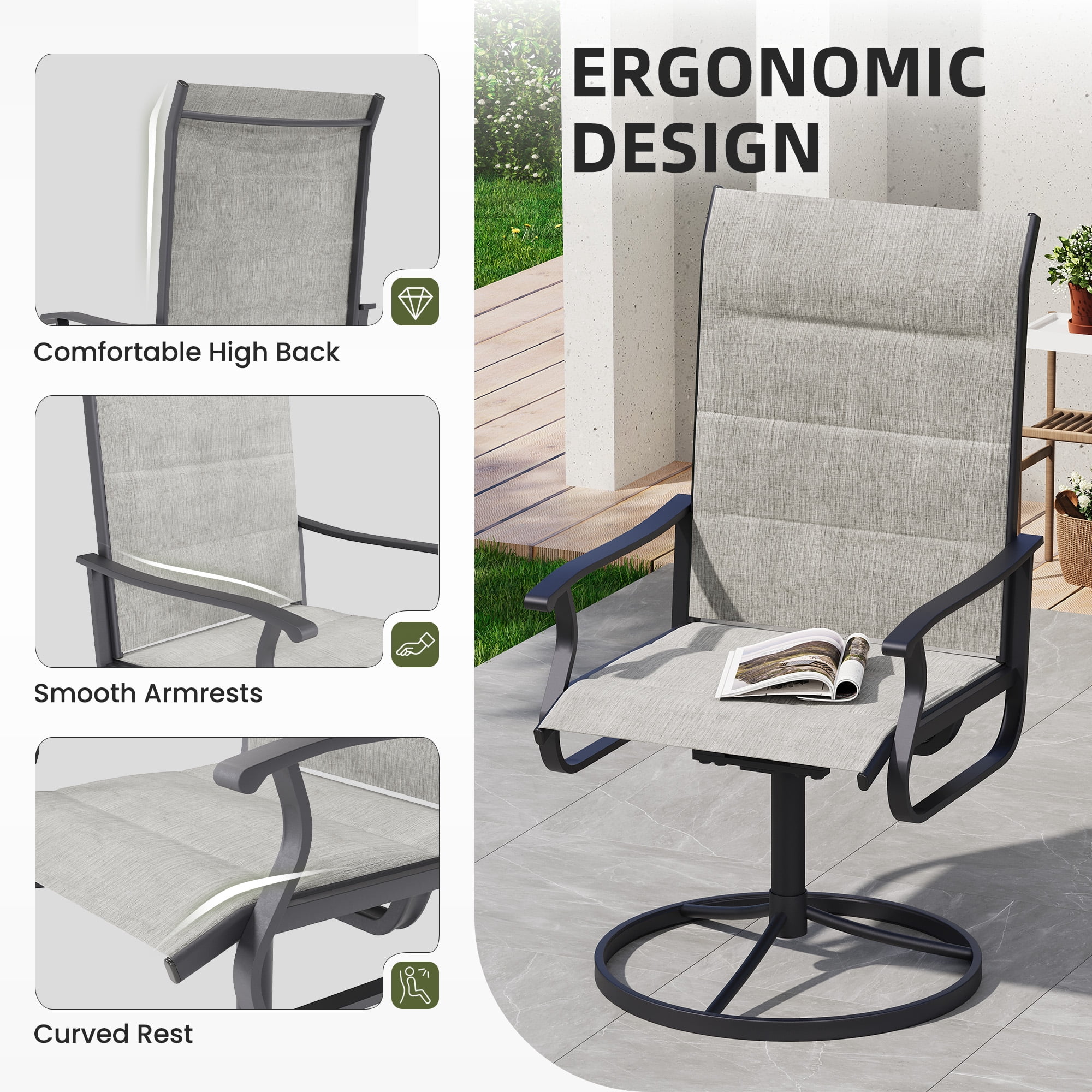 ELPOSUN 7 Piece Outdoor Patio Dining Set Swivel High Back Padded Textilene Chairs and Round Table Furniture Set,Light Gray
