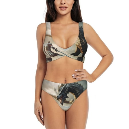 Zeuib Swordsman Cool Dragon High Waisted Tummy Control Bikini Set - Knot Front Push Up Top & Cheeky Thong Bottom  Two-Piece Swimsuit for Women-Large