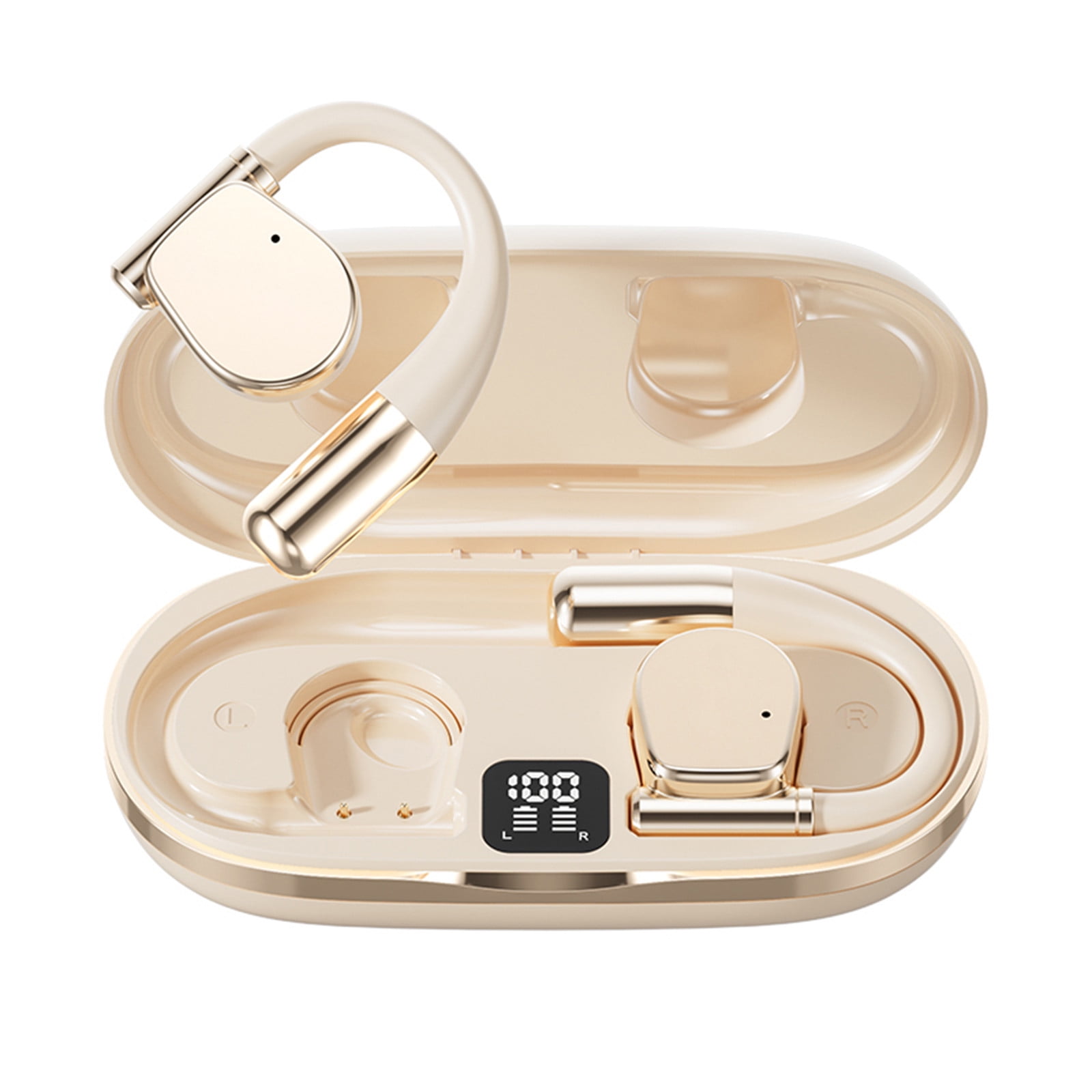 Nkmbld Wireless Earbuds Wireless Bluetooth Earphones Open End Non in Ear HD Call Digital Display Earphones, Beige