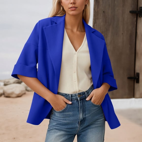 ZHOGXU Women's Coat Long Sleeve Lapel Open Front Solid Color Comfortable Loose Fit Jacket For Casual Daily Wear Blue S