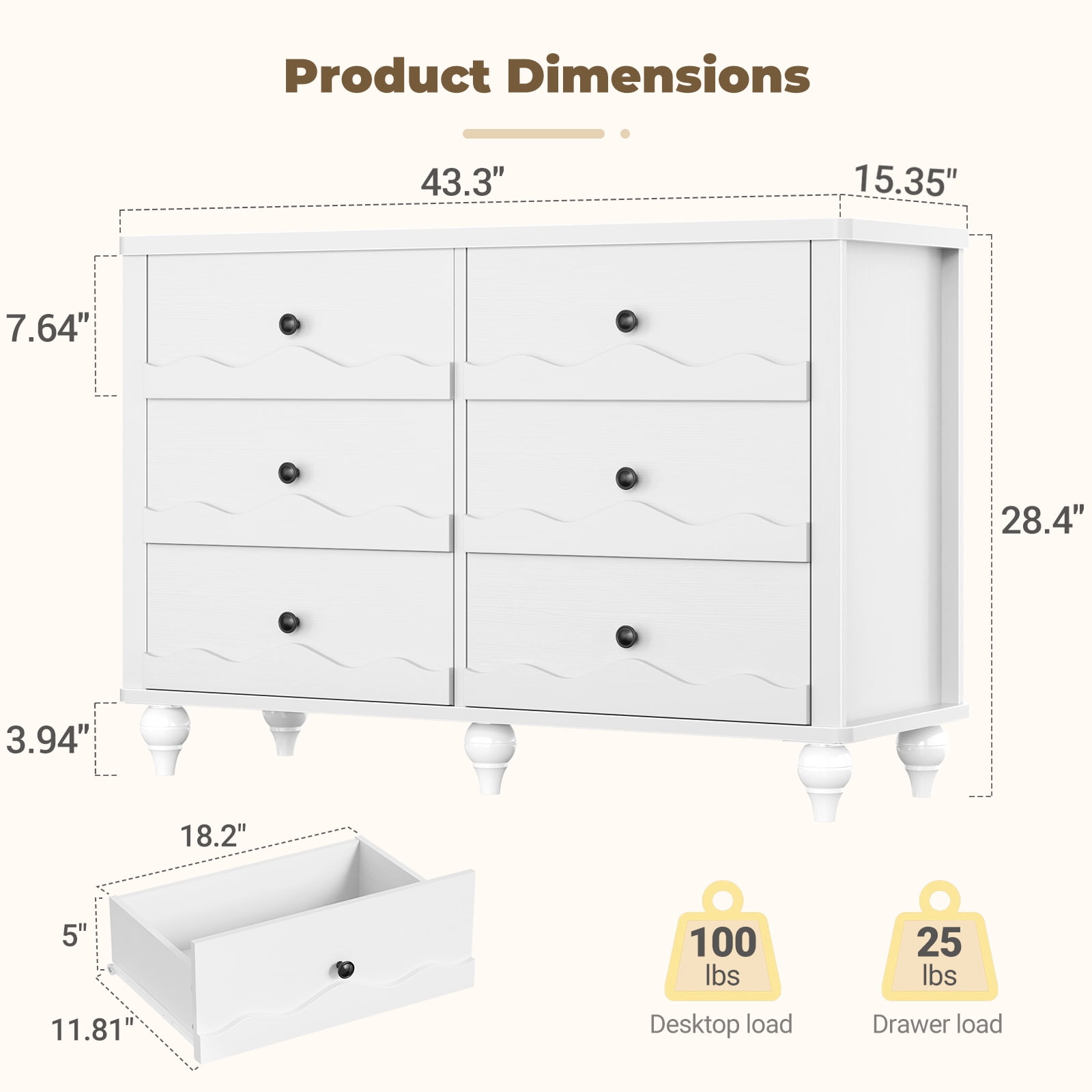 Homieasy 6-Drawer Dresser for Bedroom - 43" Modern Chest of Drawers with Scalloped Front, Storage Organizer for Living Room, Hallway & Entryway,White