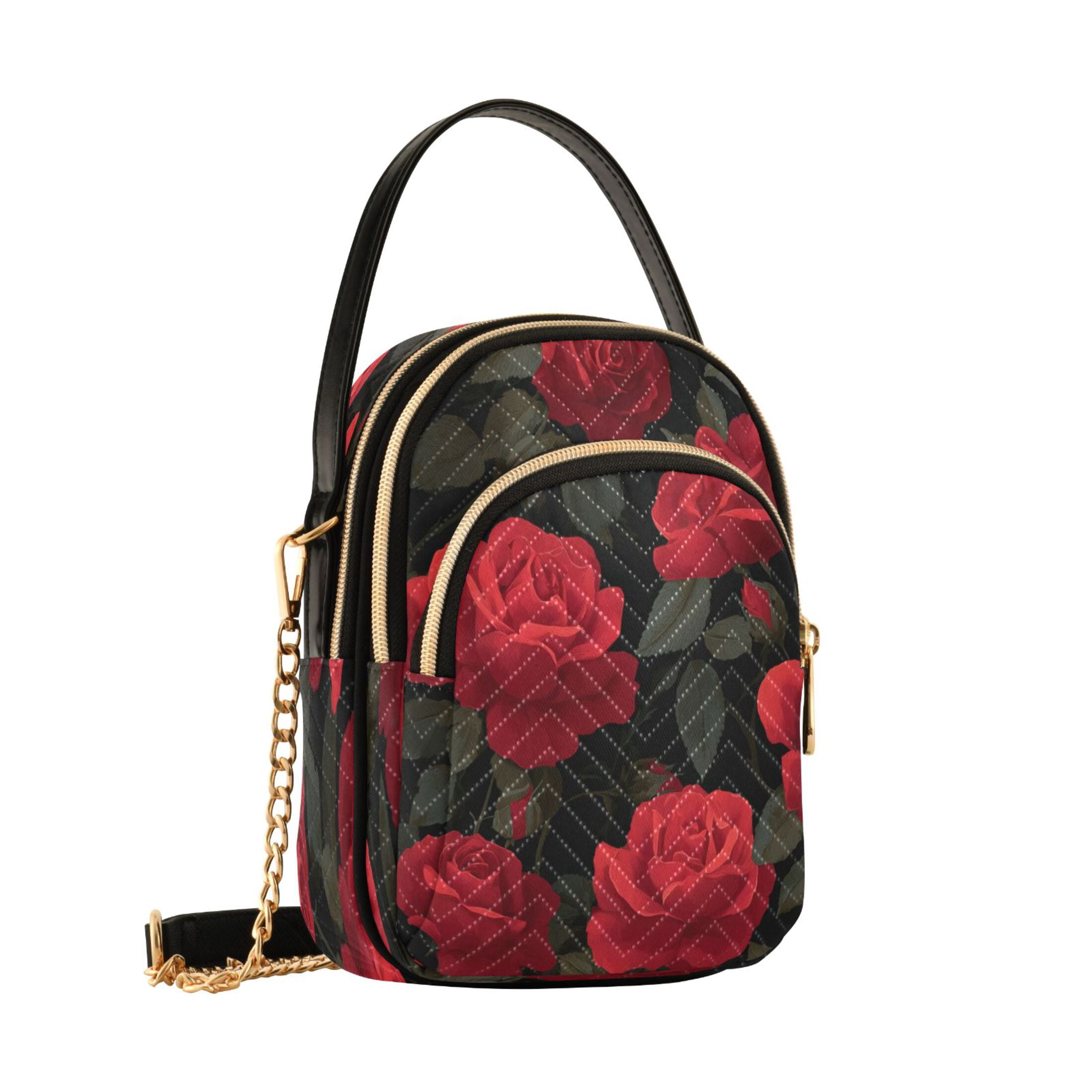 Quilted Women's Crossbody Bag Purses and Handbags with Detachable Leather Strap Red Roses Pattern