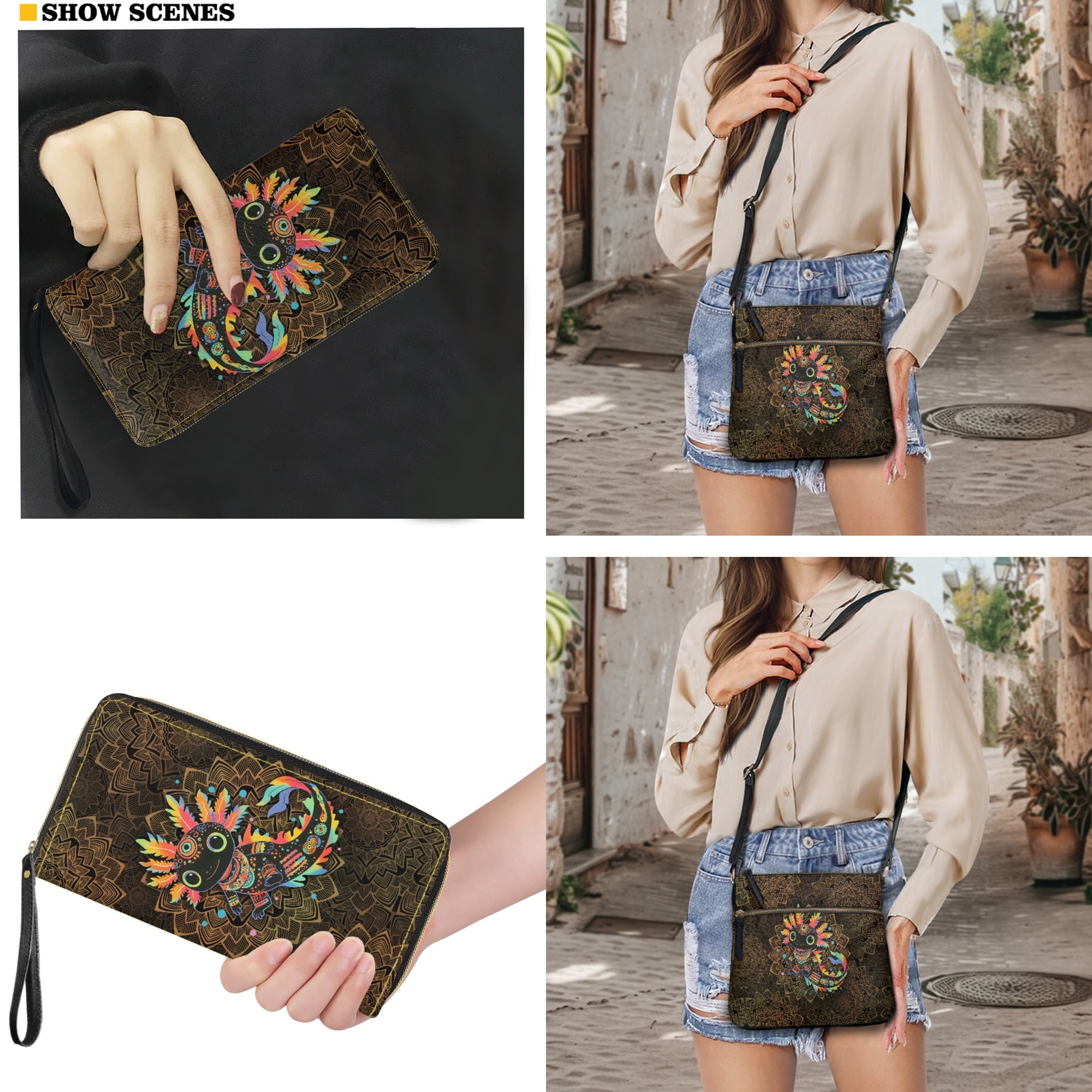 ZUXONGSY Boho Mandala Axolotl Print Women's PU Leather Hobo Bag & Matching Wallet Set, Multi-Pocket Crossbody Purse with Adjustable Strap for Travel & Work