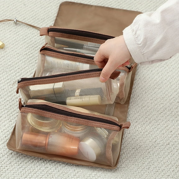VONTER Roll Up Toiletry Bag Travel Cosmetic Case Organizer Portable Artist Storage Bag with Four Detachable Storage Bags for Cosmetics Makeup Brushes Toiletry Jewelry - khaki