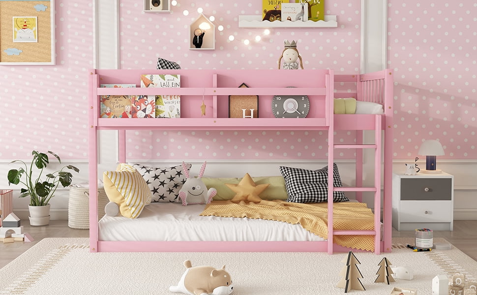HOQBN Bunk Bed Twin Over Twin,Solid Wood Low Floor Bunk Bed with Ladder,Pink