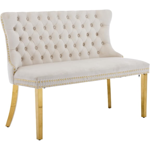 LQLI Velvet Dining Bench with Back, Tufted Banquette Seating, Gold Legs | Upholstered loveseat bench; tufted back; nailhead trim; 500 lb capacity; foam and spring seat; dining room or entryway
