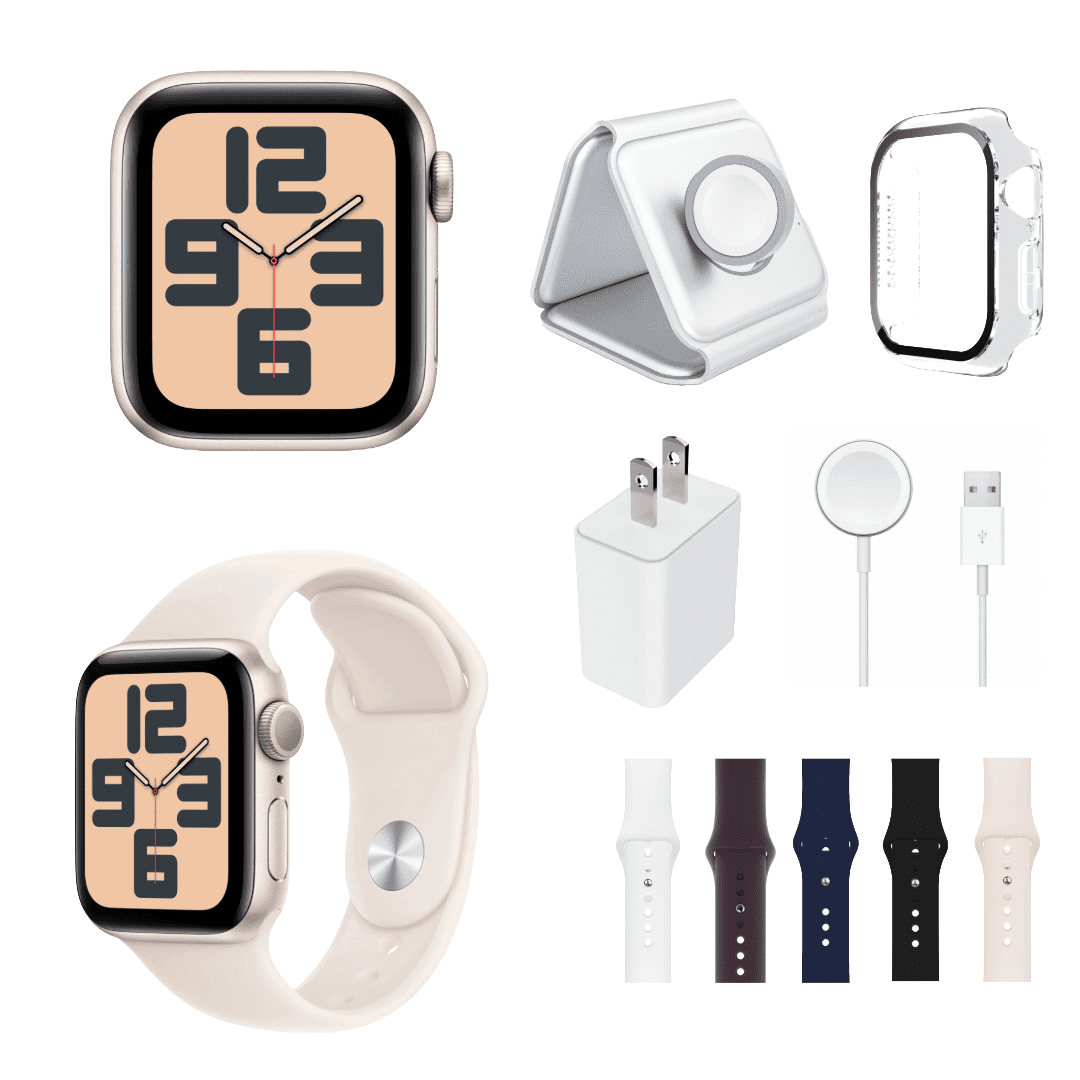 Restored Apple Watch SE 2nd Gen Bundle - 40mm Gps + Cellular Starlight Aluminum (2022) - 3-in-1 MagSafe Charger, Protective Case & 6 Bands Included (Refurbished)