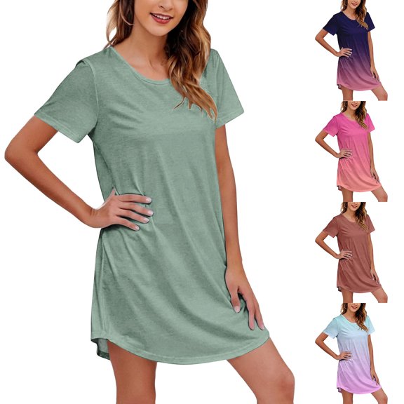 Endives Women's Lightweight Nightgown Short Sleeve Sleep Dress Soft Breathable Summer Sleepshirt Plain Nightshirt Nighty for Ladies Midi Dress Loose Dress Pink M