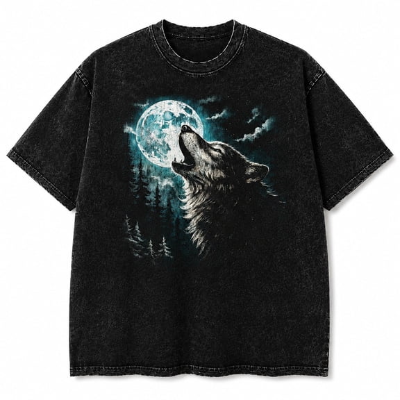 Wolf and Full Moon Washed T-Shirt, Unisex Classic Fit, 100% Heavyweight Cotton, 180 GSM, Front Graphic