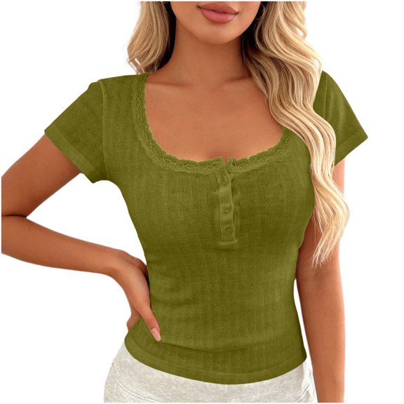ClodeEU Women's Square Neck Henley Button Short Sleeve T-Shirt,Slim Fit Solid Color Casual Summer Top Army Green,Women's Plus L