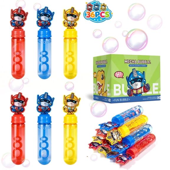 36 Pcs Mini Robot/Mech Bubble Wands with Solution, 3 Colors - Short Bubble Blowers for Kids Birthday, Carnival, Classroom, Non-Candy Gift Filler