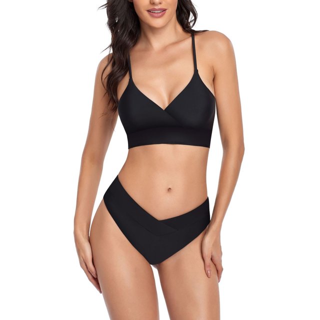 Traje de baño de dos piezas para mujer Ajustar las correas de los hombros Traje de baño de color puro con cuello en V para el verano Negro S