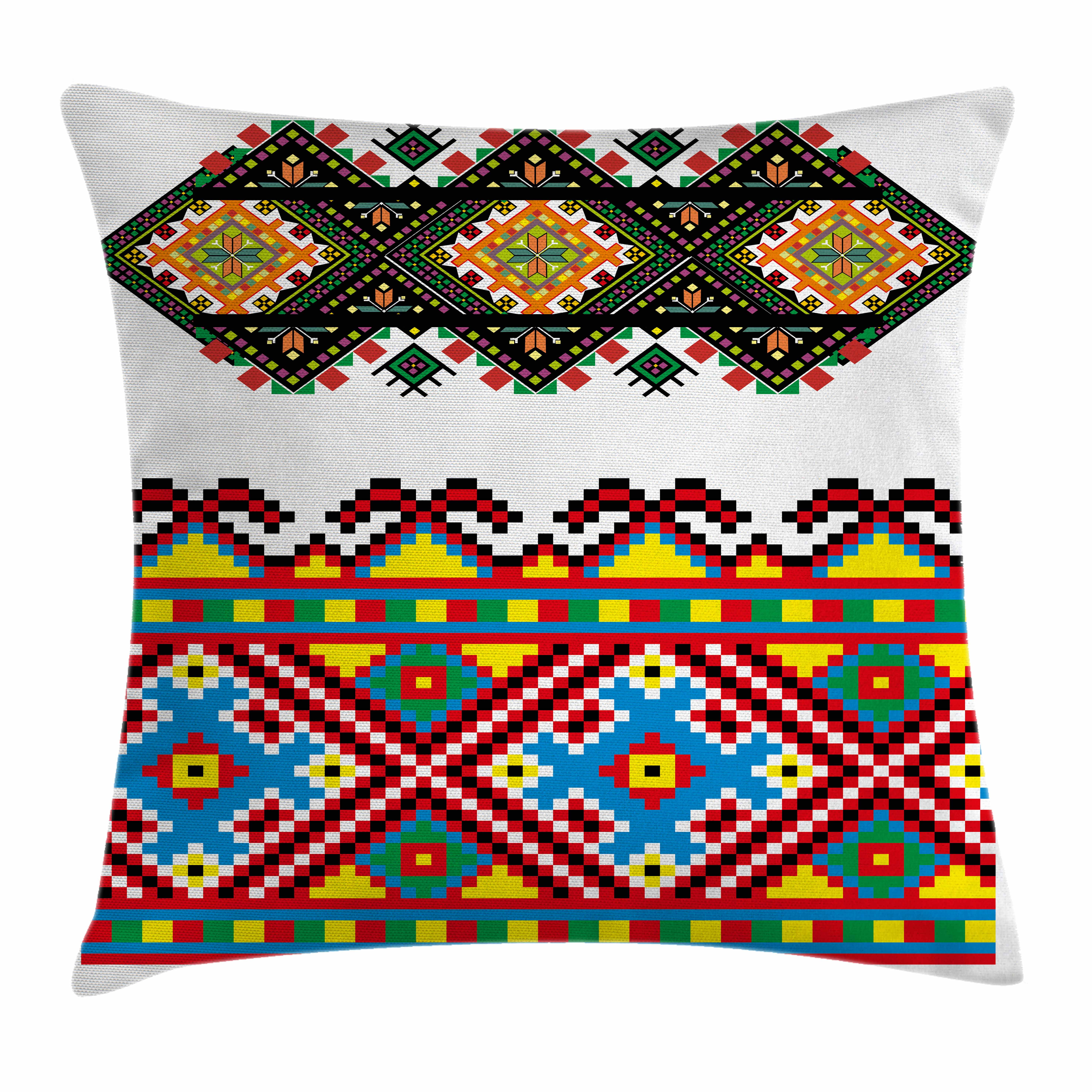 Ethnic Throw Pillow Cushion Cover, Retro Ukrainian Embroidery Ornament