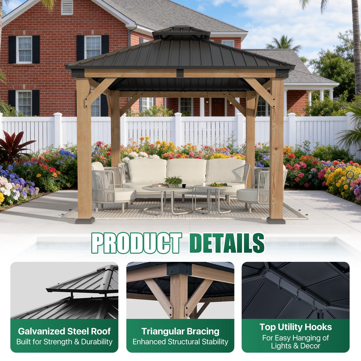 Clouddwell 10' × 10' Cedar Wood Hardtop Gazebo with Ventilated Double-Tier Metal Roof for Outdoor Patio & Backyard