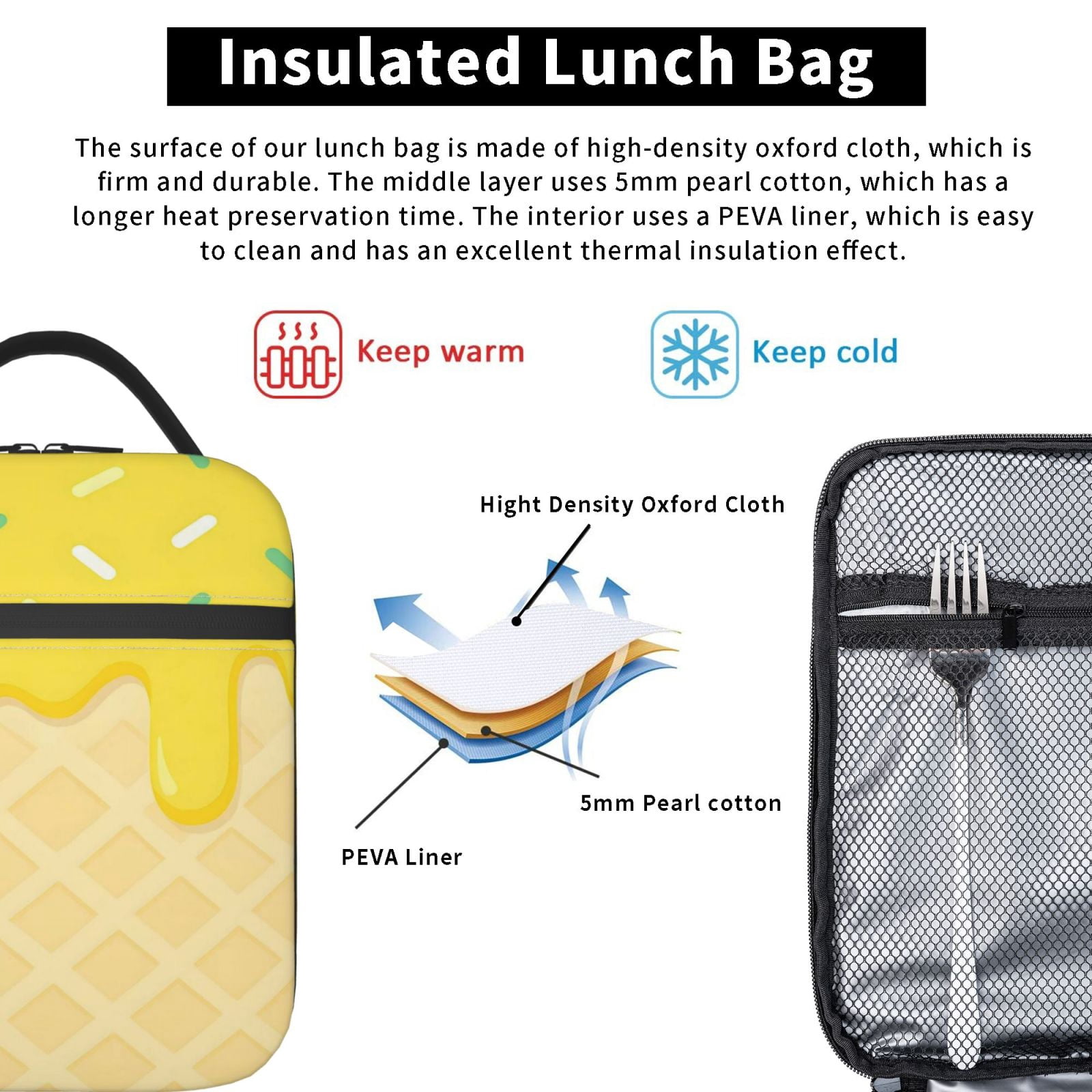 Lunch Bag For Women Men Insulated Portable Lunch Box Bento Box Office Picnic Travel Cooler Bag Ice Cream Yellow