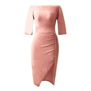 Aofany Maxi Dresses for Women,Wedding Guest Dresses Summer Solid One-Shoulder Pleated Split Fork Dress Party Dress Rose Gold M