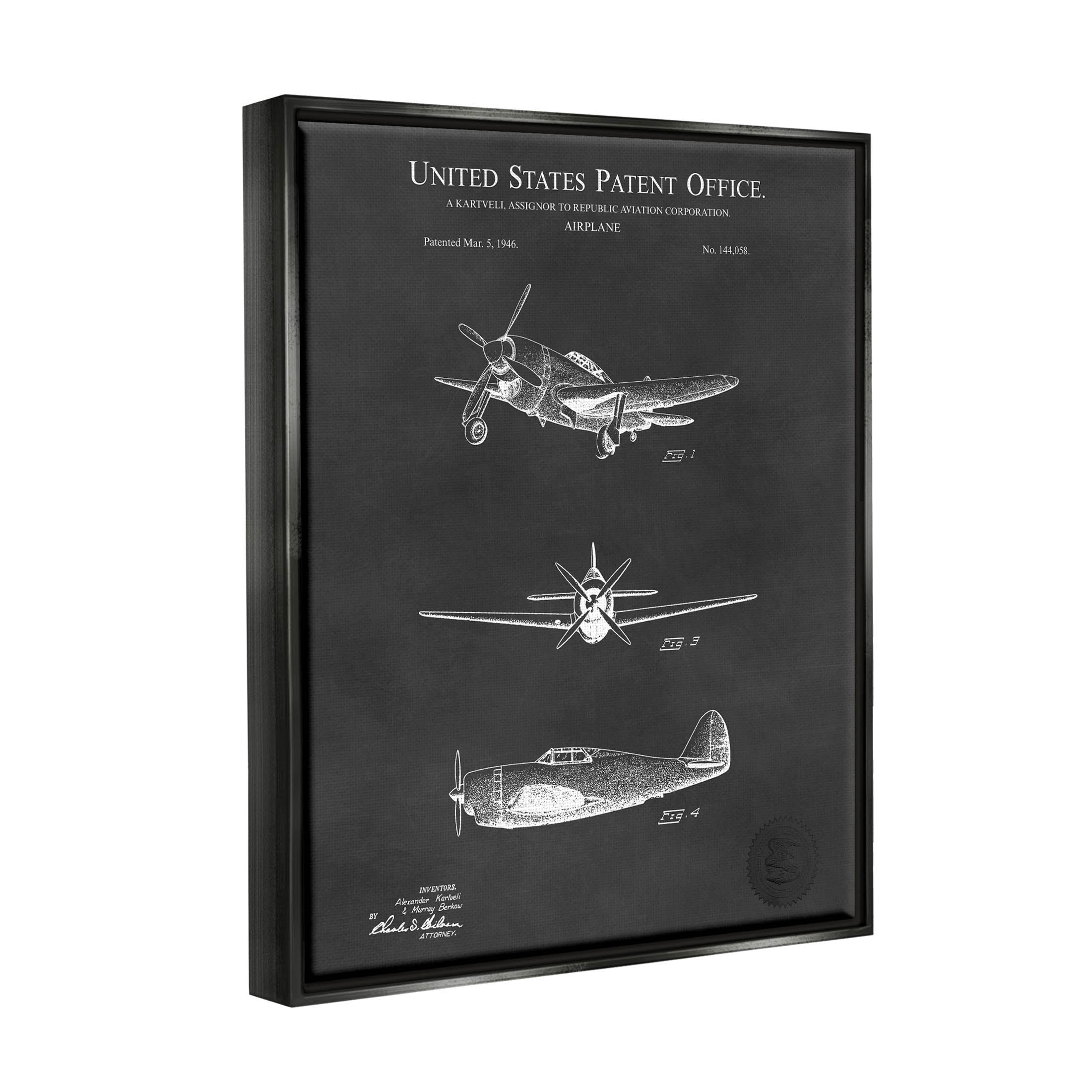 Stupell Industries Vintage Airplane Vehicle Diagram Graphic Art Jet Black Floating Framed Canvas Print Wall Art, Design by Karl Hronek
