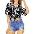 thumbnail image 2 of HAPPY BAY Women's Button Down Blouses Floral Summer Beach Party Blouse Shirt Collared Colourful Short Sleeve Tropical Vacation Tee Hawaiian Shirts Tops for Women L Leaves, Black, 2 of 5