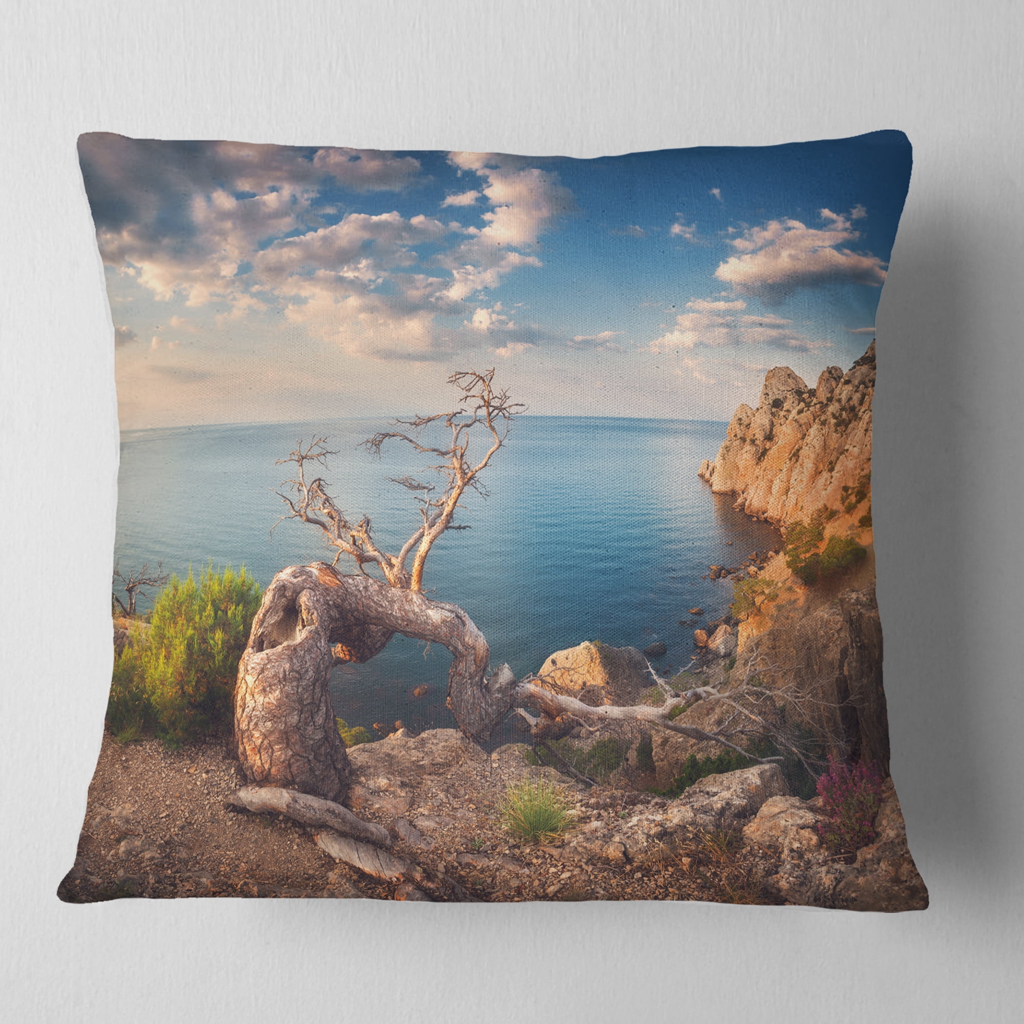 Designart Sunny Morning with Old Tree - Seashore Photo Throw Pillow - 18x18