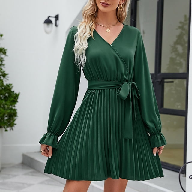 Gspmoly Robe d'Été, Robe Décontractée pour Femmes à Manches Longues, Couleur Unie, Col en V, Jupe Courte, Robes Formelles pour Femmes Offres Prime