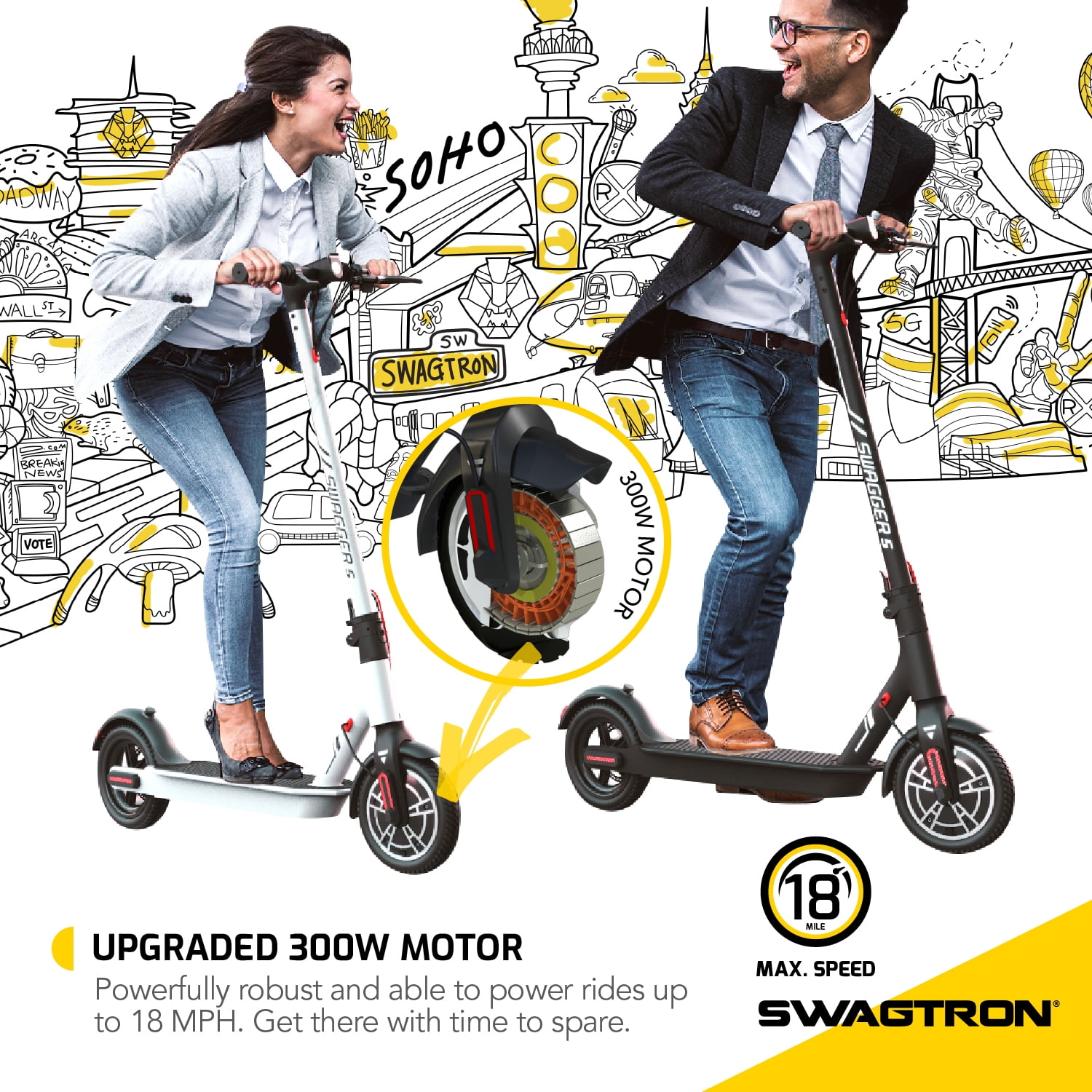 Swagtron Adult Electric Scooter Swagger 5 Boost 320 lb Weight Limit 8.5 Inch No flat Tires 300W Motor Quick Folding 18 Mph UL2272 Compliant Long Range Walmart