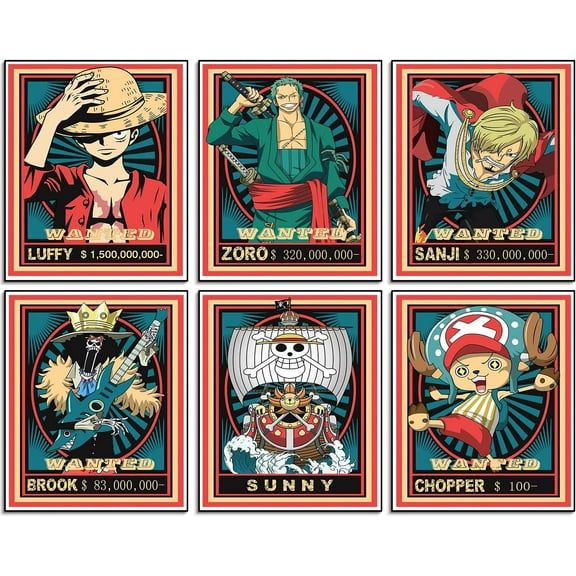 Anime One Piece Pirates Wanted Canvas Posters Thousand Sunny anime poster pack Print on Canvas The Straw Hat Pirates Wall Picture for Living Room Decor Wall Art Set of 6 Unframed 8X10in