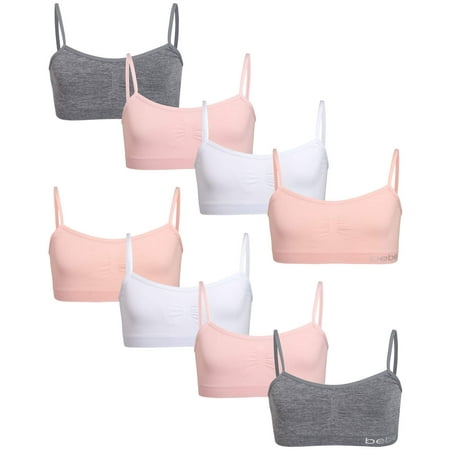 

bebe Girl s Seamless Training Cami Sports Bra (8 Pack) Size Medium Light Coral/White/Sweet Pink/Heather Grey