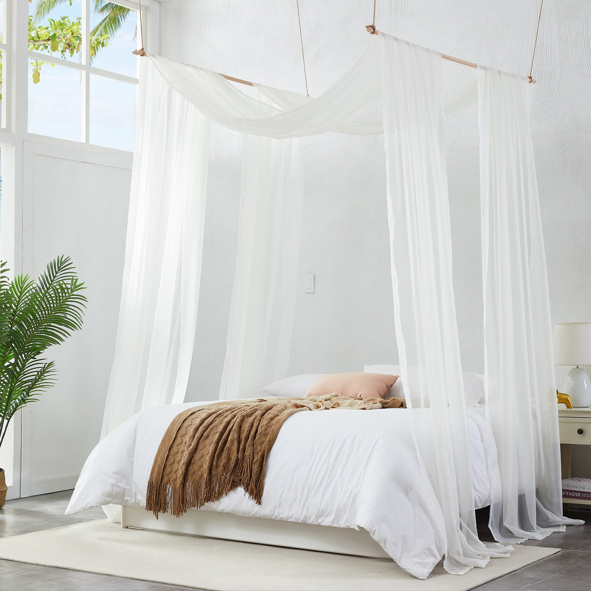 Warm Home Designs Set of 2 White & Beige Canopy Bed Curtains in 55 x 360 Inch Size. BE White & Beige 360