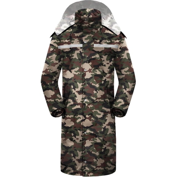 Waterproof Long Rain Jacket Lightweight Packable Hood Reflective for Men Women Adults Army Green Camouflage Large