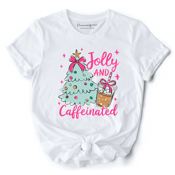 Jolly and Caffeinated Christmas Tree T-Shirt, Retro Coquette Coffee Holiday Tee