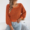thumbnail image 2 of Women Plaid Knit Sweater Squares Neck Long Puff Sleeve Waist Cuffs Short Knitwear Pullover Tops for Casual Daily Wear Orange XL, 2 of 9