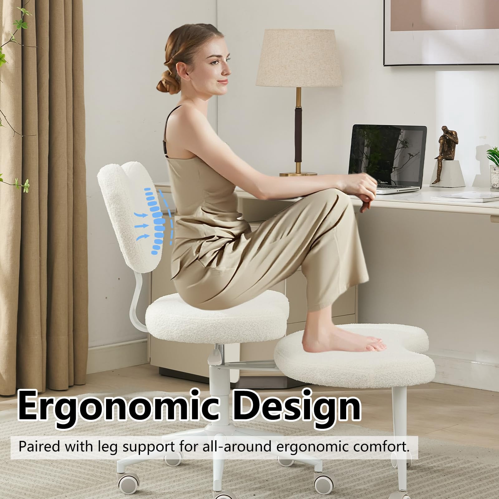 Pawverly Cross-Legged Meditation Chair with Wheels, Adjustable Height Yoga Office Chair with Lumbar Support, Ergonomic Criss Cross Desk Chair for Adults, Ivory Teddy