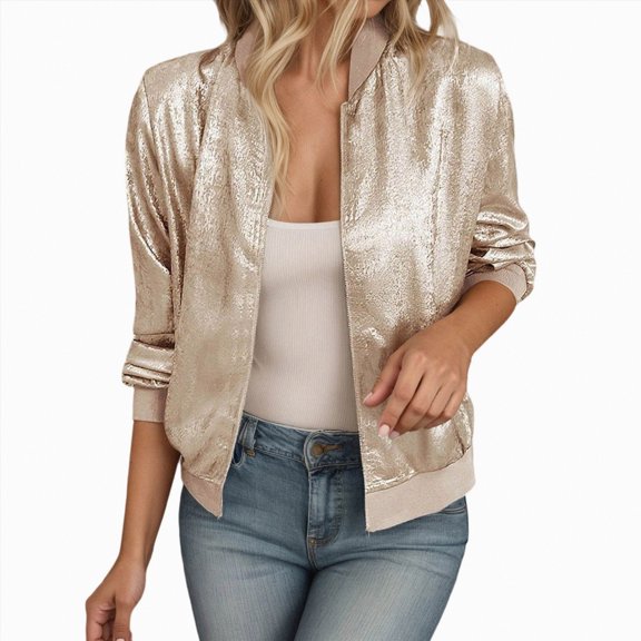Towmus Women's Metallic Zipper Bomber Jacket Outwear Long Sleeve Tops Causal Lightweight Jacket Coats