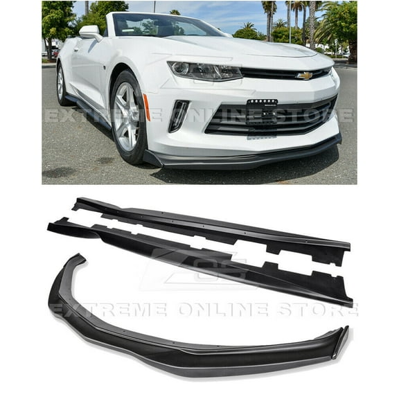 For 2016-2018 Chevrolet Camaro RS | T6 Style ABS Plastic PLASTIC-BLACK Add On Front Bumper Lower Lip Splitter CARBON FIBER Side End Caps With Side Skirts Rocker Panel Pair 