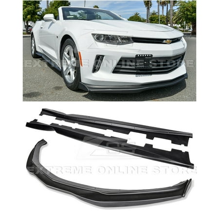 For 2016-2018 Chevrolet Camaro RS | T6 Style ABS Plastic PRIMER BLACK Add On Front Bumper Lower Lip Splitter CARBON FIBER Side End Caps With Side Skirts Rocker Panel Pair