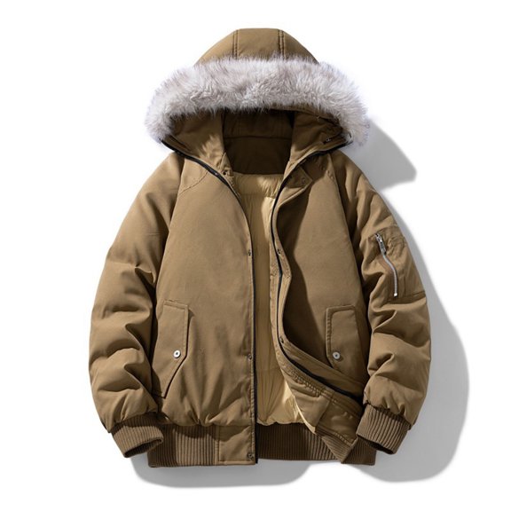 Quilted Jacket Sevevn Men's Long Sleeve Coat Stand-Up Collar Zipper Padded Jacket Outerwear With Faux Fur Hood