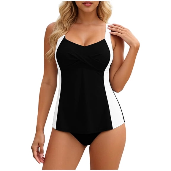 PWPSG Color Block Crisscross Twist Tankini Two Piece Swimsuit Butt Lifting Contouring for Daily Swimming Black XXL