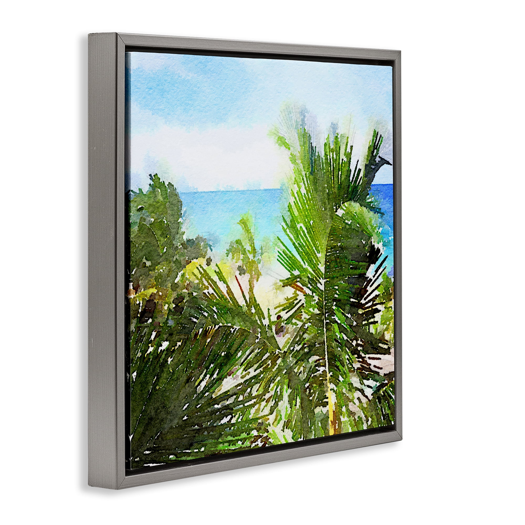 Stupell Industries Palm Leaves over Beach Landscape & Nature Painting Gray Floater Framed Canvas Art Print Wall Art, 25 x 25