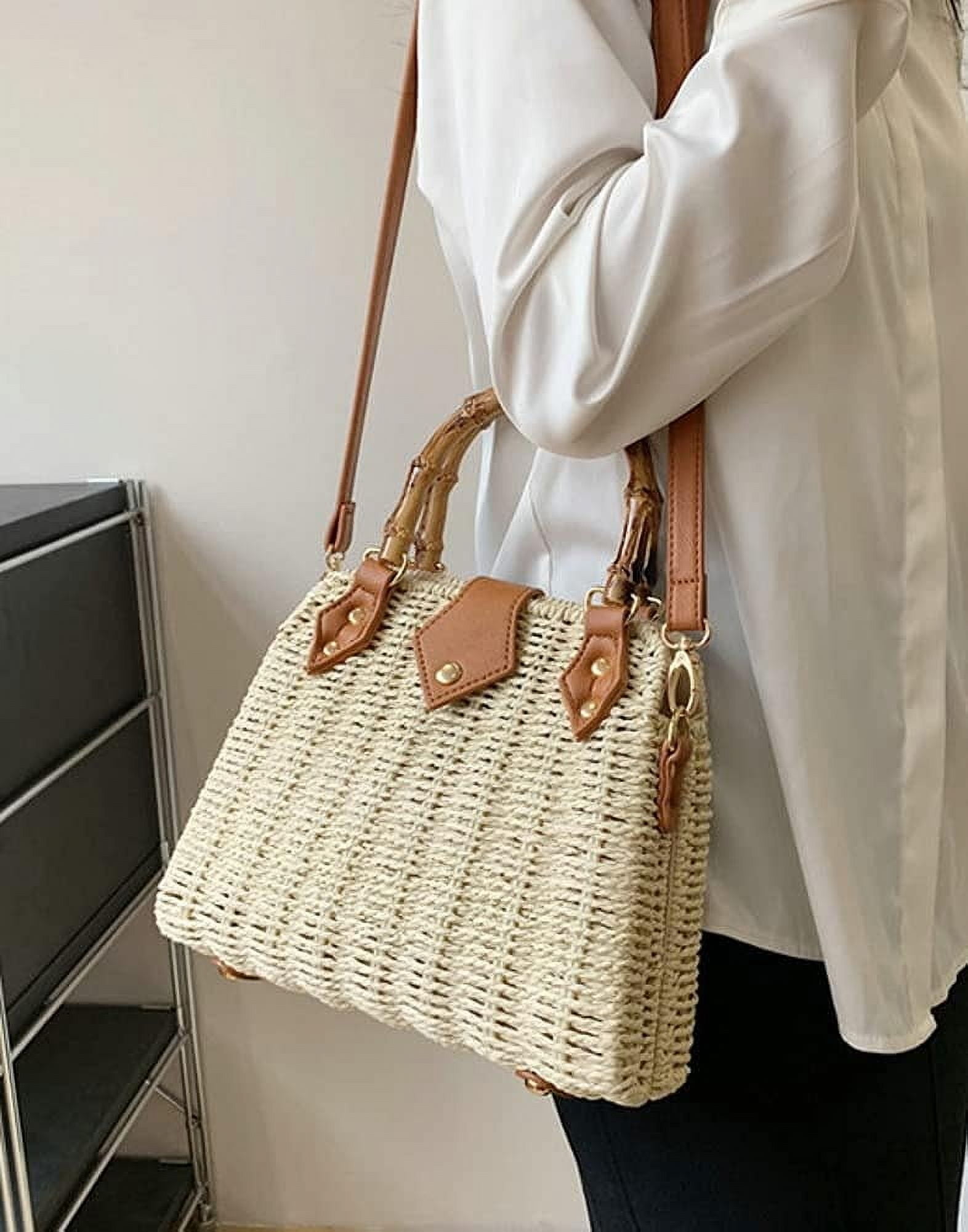 Kukuzhu Straw Tote Bag for Women Rattan Crossbody Handbags Woven Wicker Clutch Purse Imitation Bamboo Top Handle Shoulder Bag