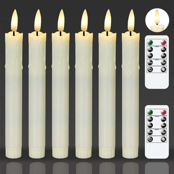 Goldprice Flameless Flickering Taper Candles Two Remote, 7.5 Inch Ivory Battery Operated LED Window Candles Timer,Set of 6 Plastic Dripping-Wax Effect Flameless Candlesticks(0.86” Dia,Warm Fire)